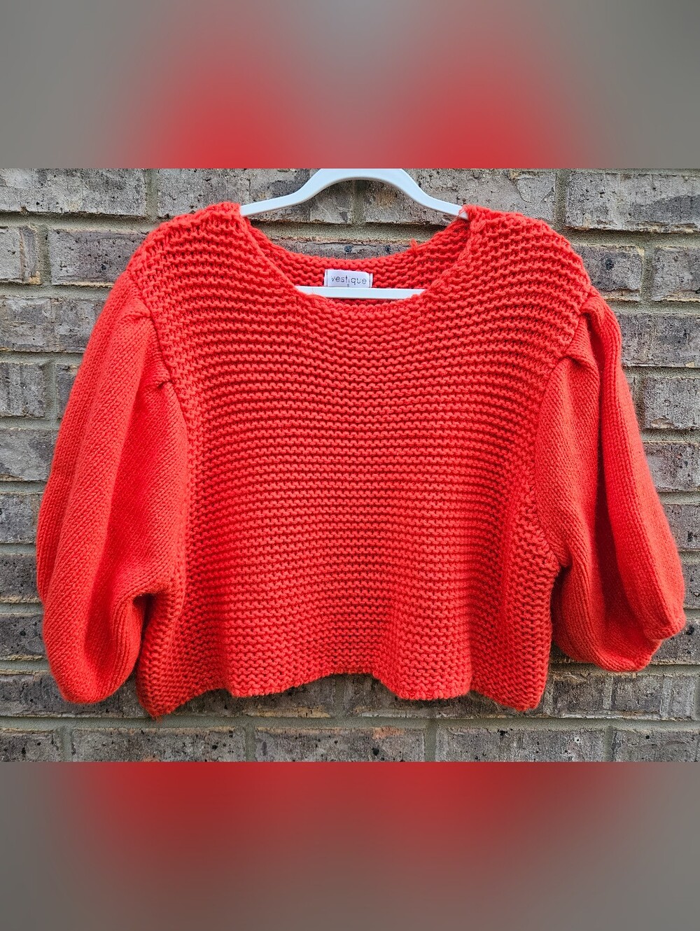 vestique Orange Chunky Knit Cropped Balloon Sleeve Sweater